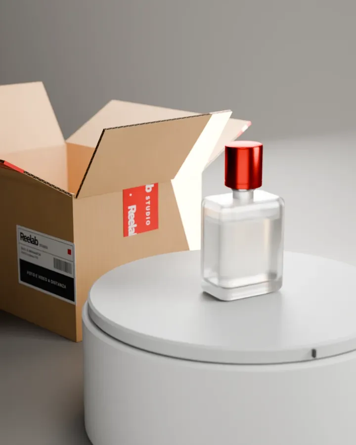 Scatto 2, render 3D: il flacone di tre quarti, con la scatola aperta accanto